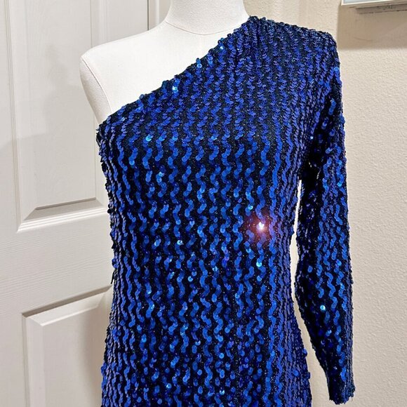 Vintage Climax by David Howard Royal Blue Sequin One Shoulder Dress in Size 9/10 - Picture 3 of 9